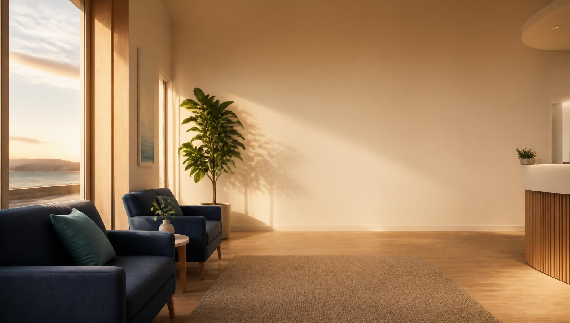 A serene modern clinic waiting area at golden hour with warm cream walls, a navy sofa, an ocean-teal cushion, a tall potted plant and soft window light
