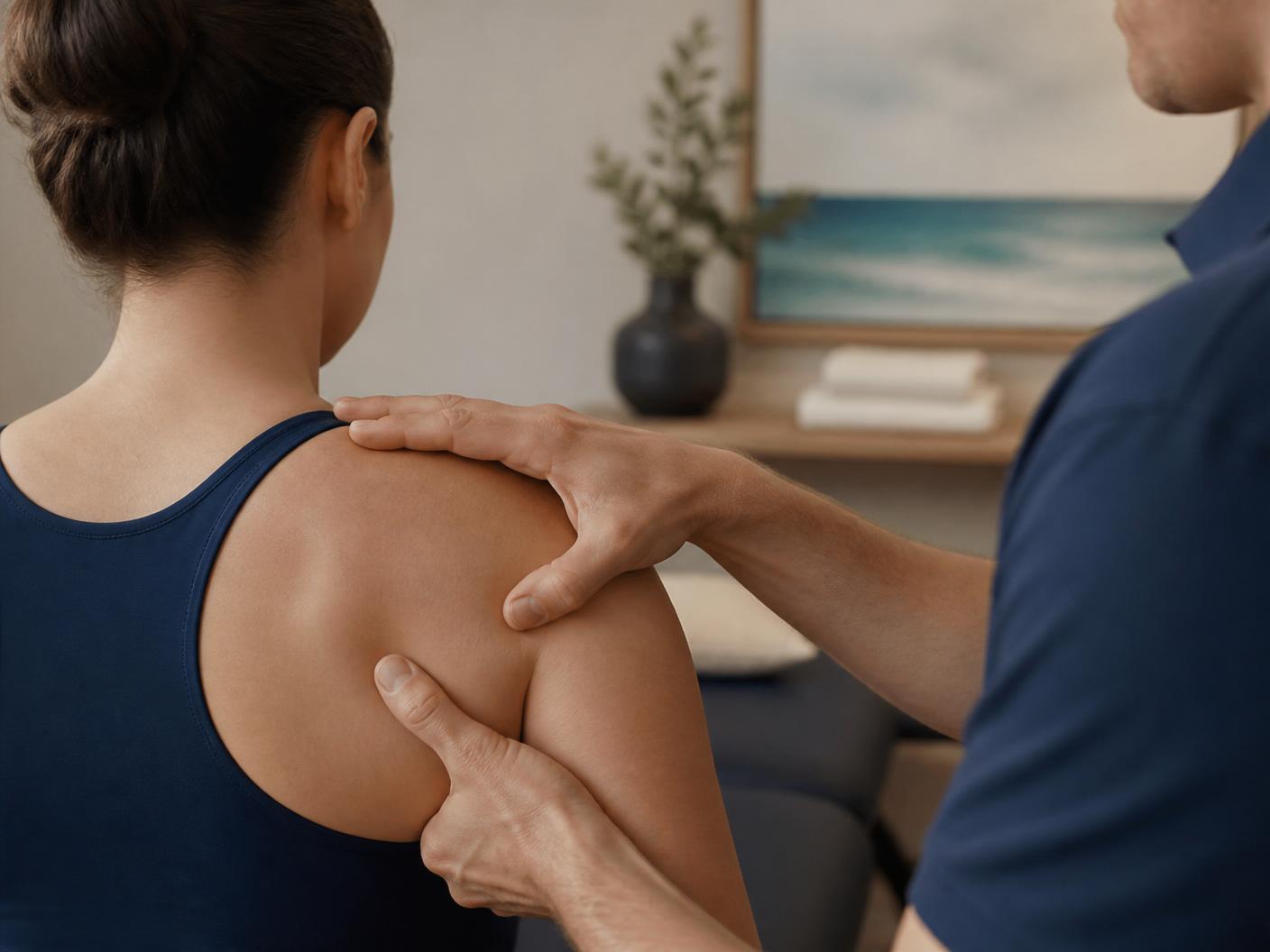 A physiotherapist's hands gently supporting a patient's shoulder during an assessment in a calm treatment room