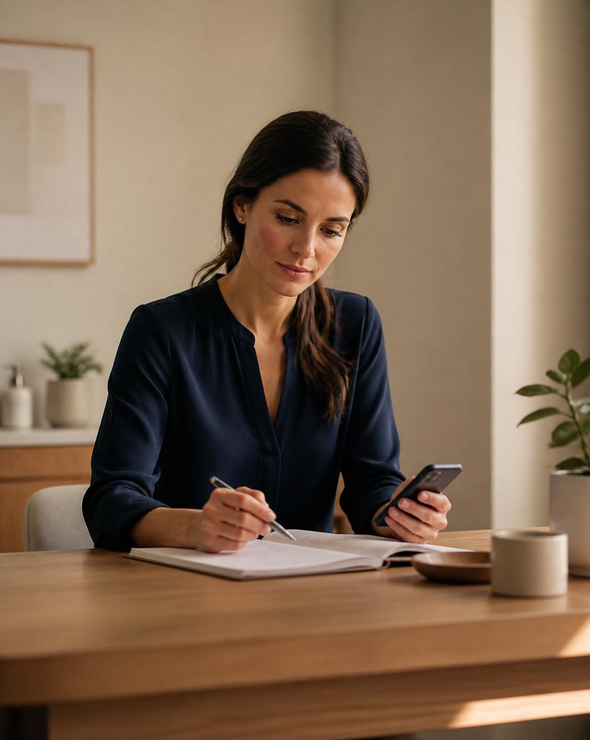 A clinic team member sitting at a wooden desk in soft afternoon light, reviewing patient notes with a phone in hand