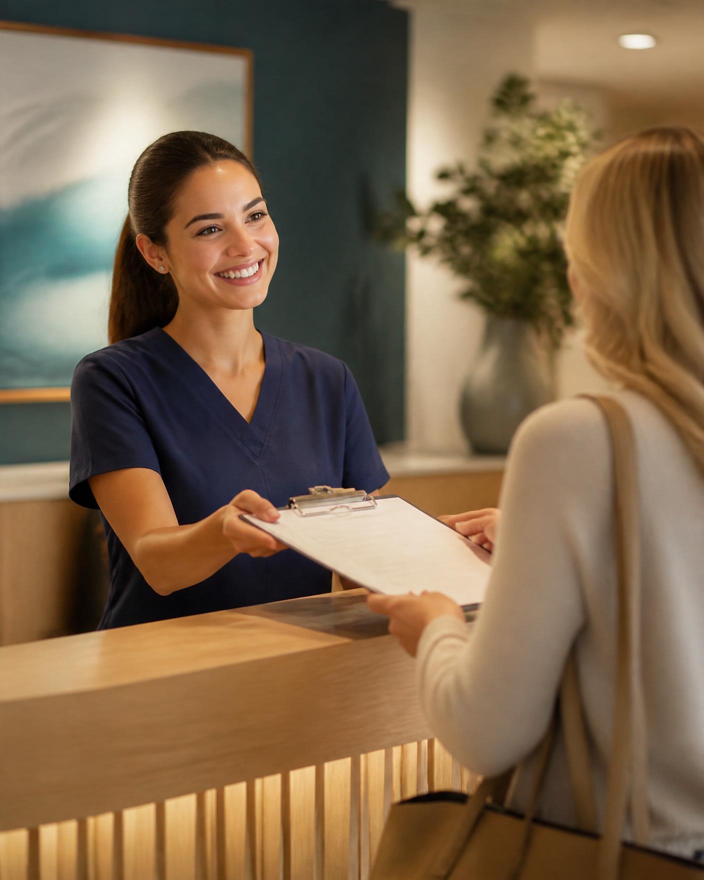 A clinic receptionist in navy scrubs smiling as she hands intake paperwork to an arriving patient across a warm wooden desk
